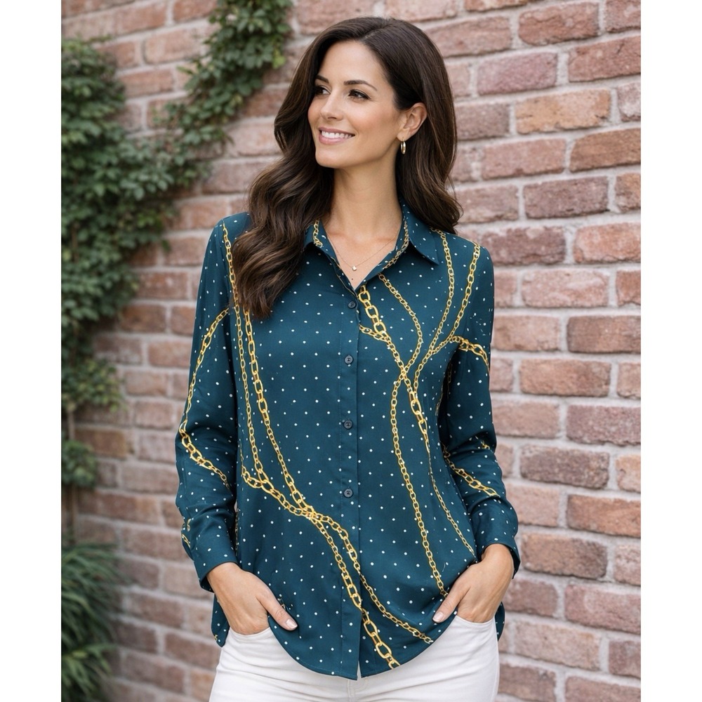 Madison Button Down Blouse Green Chain‎ Print Long Sleeve Size Medium